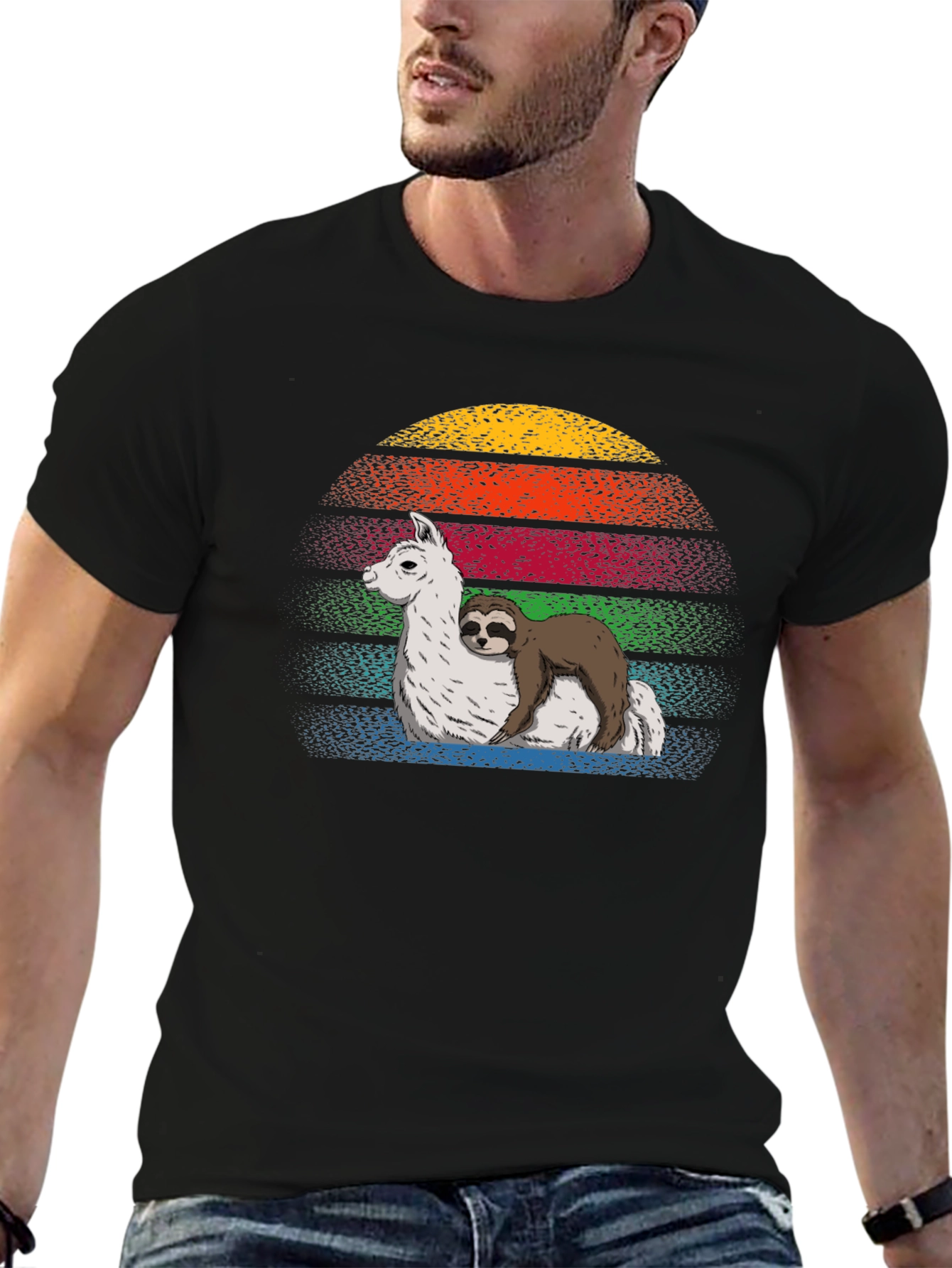 Sloth Hugging Llama Sunset Graphic Tee