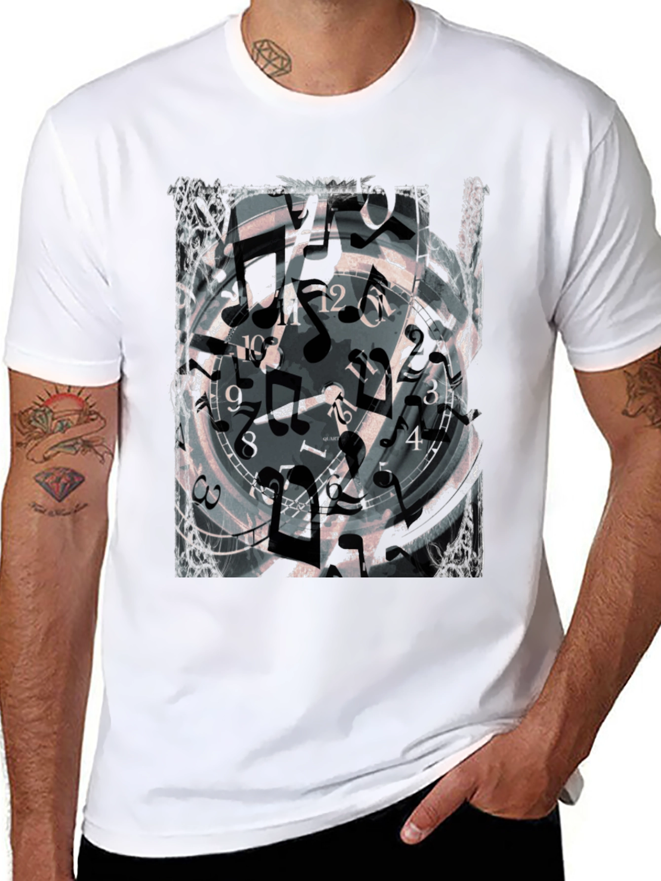 Abstract Clock & Music Notes Graphic Black T-Shirt