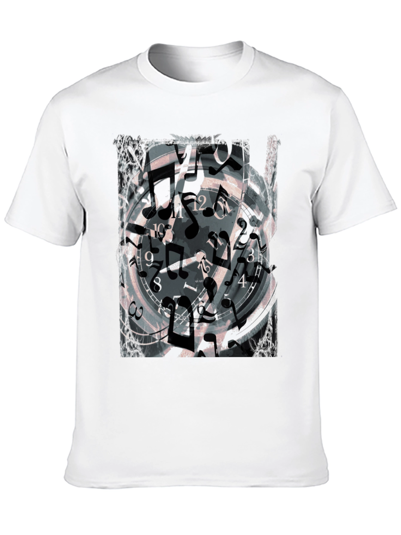 Abstract Clock & Music Notes Graphic Black T-Shirt