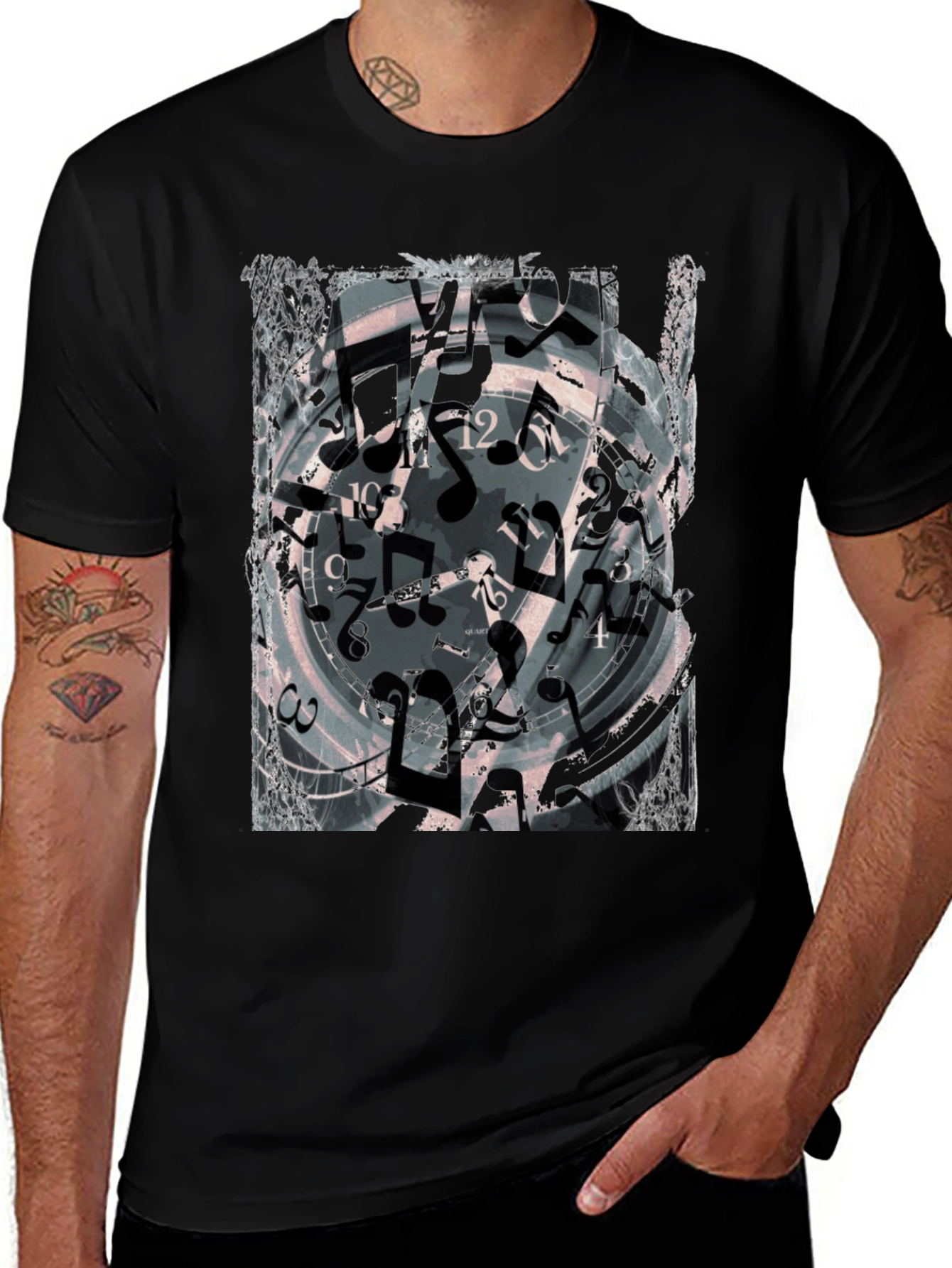Abstract Clock & Music Notes Graphic Black T-Shirt