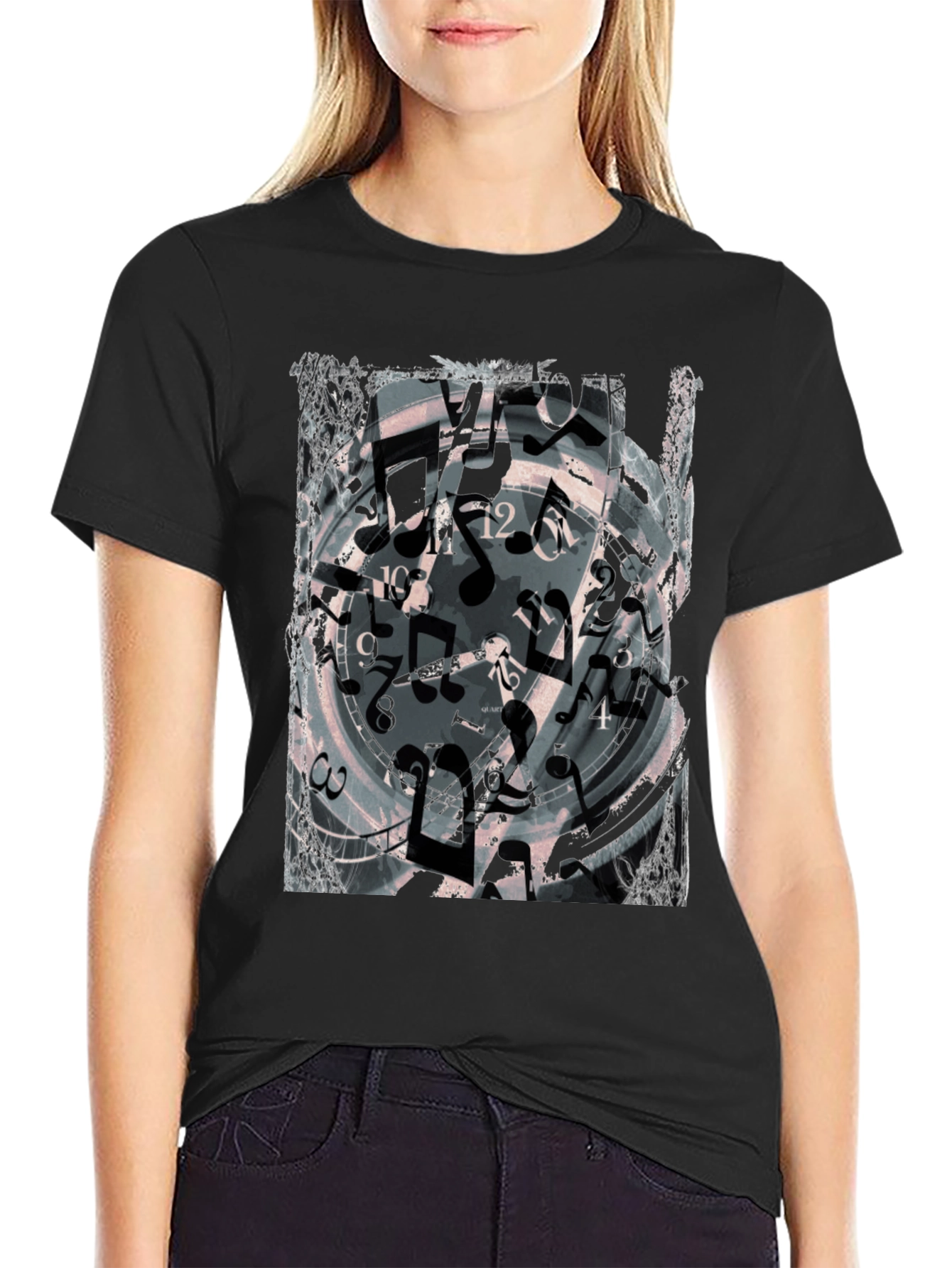 Abstract Clock & Music Notes Graphic Black T-Shirt