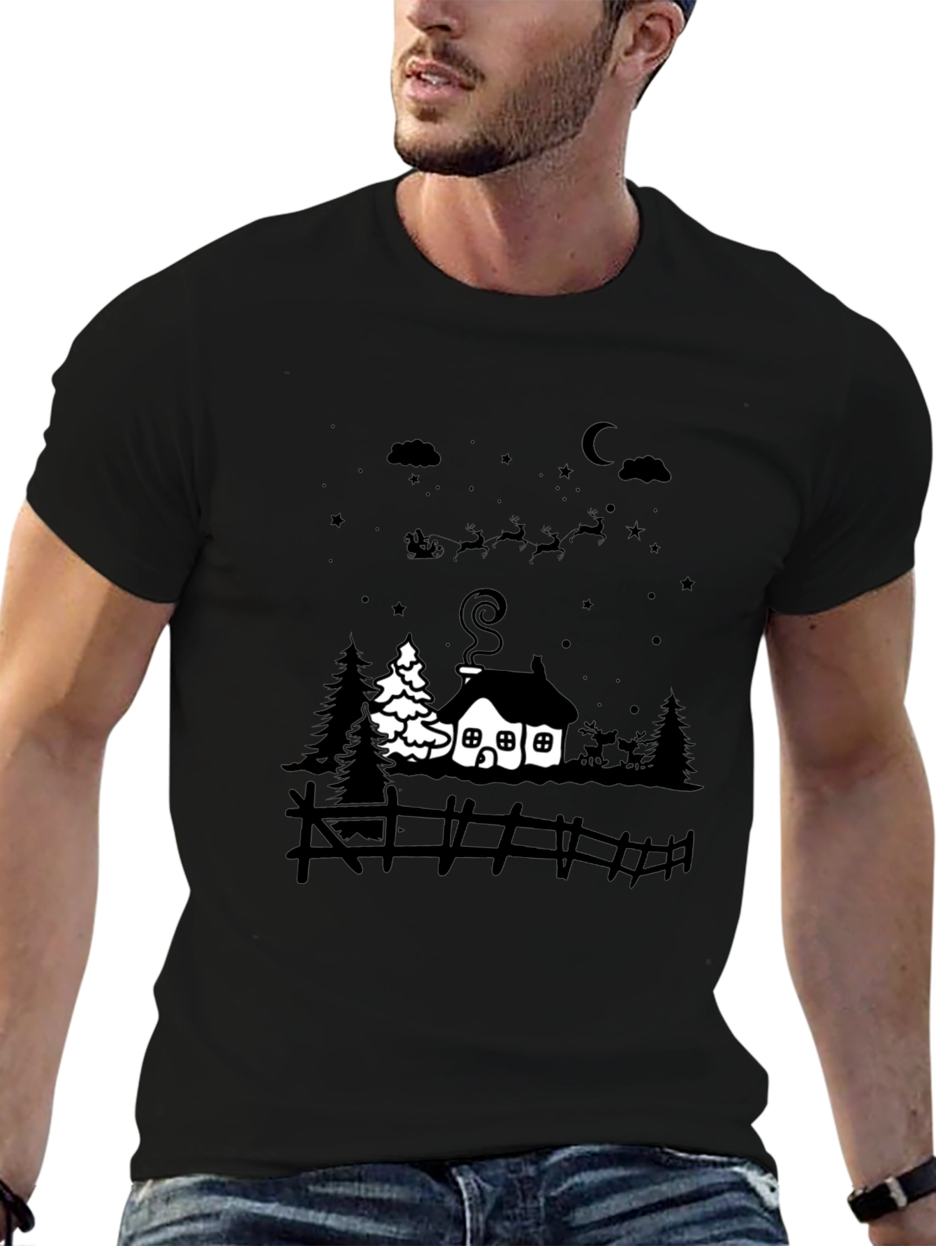 Festive Winter Scene Black T-Shirt