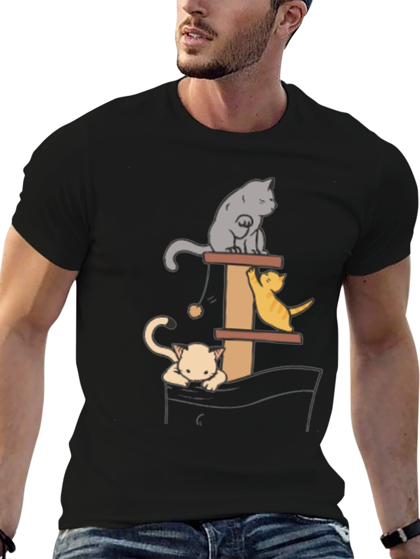 Cat Tower T-Shirt - Playful Kitten Design