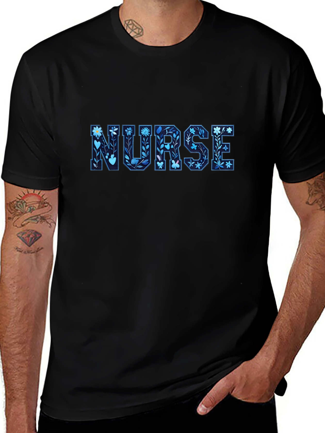 Floral Nurse T-Shirt - Black Cotton Tee