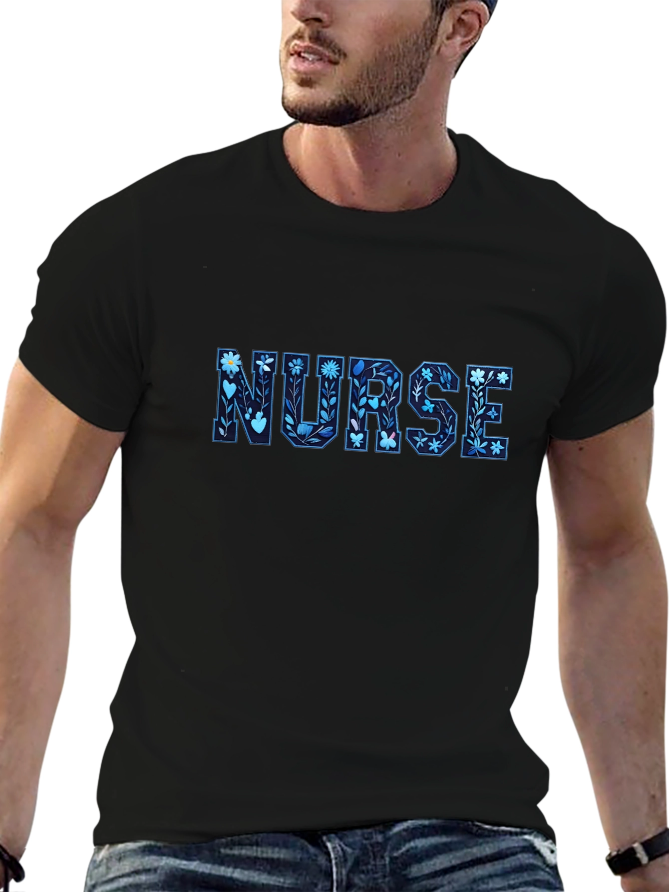 Floral Nurse T-Shirt - Black Cotton Tee