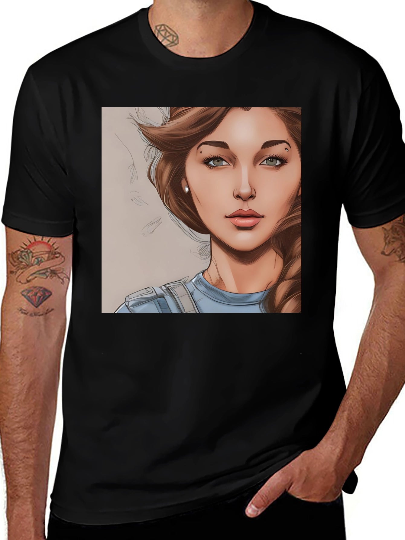 Woman Cartoon Portrait Black T-Shirt