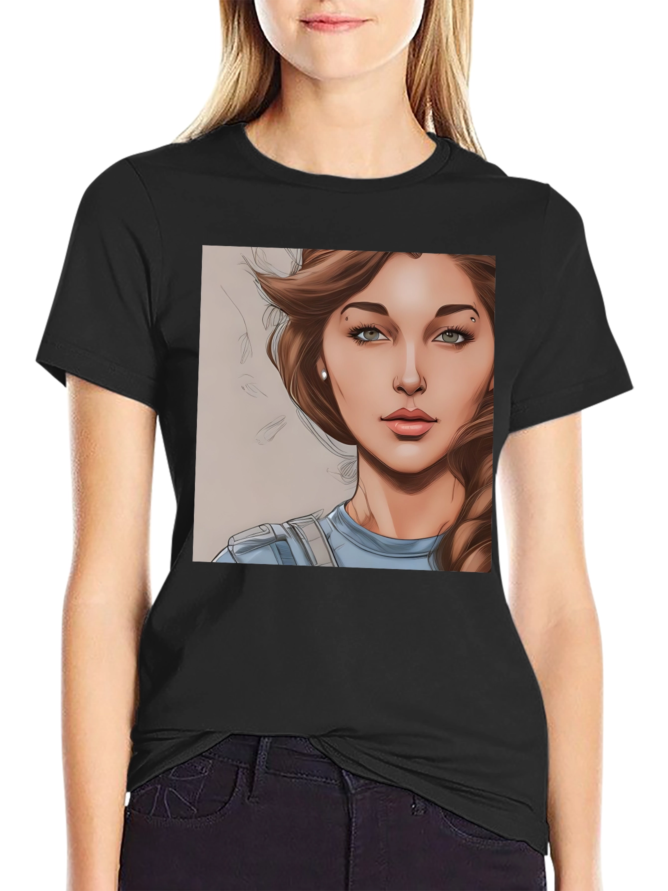 Woman Cartoon Portrait Black T-Shirt