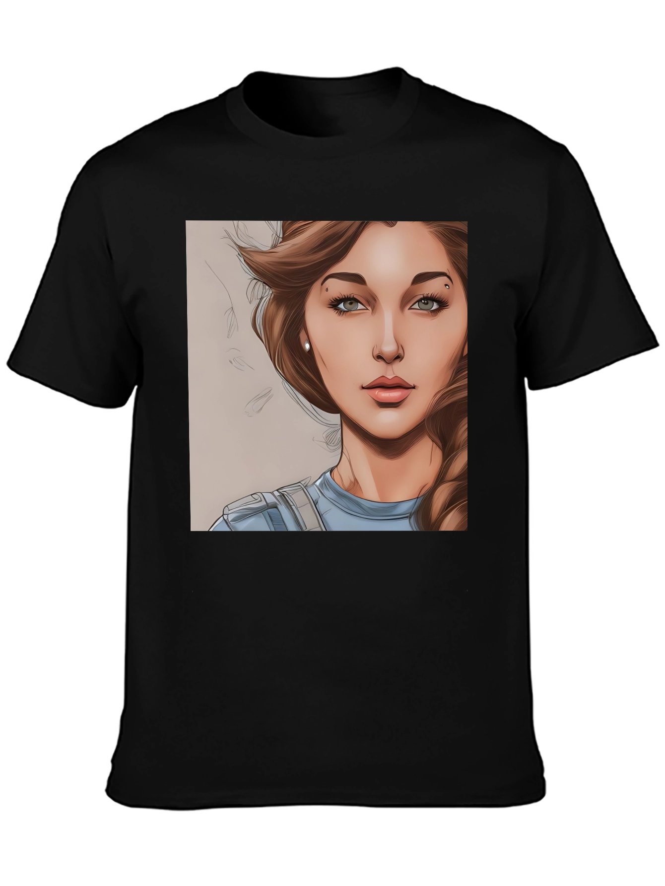 Woman Cartoon Portrait Black T-Shirt
