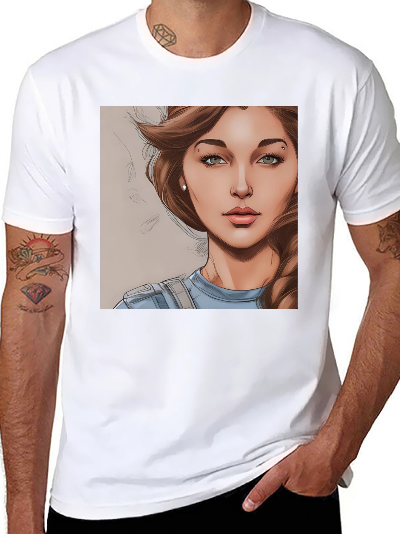 Woman Cartoon Portrait Black T-Shirt