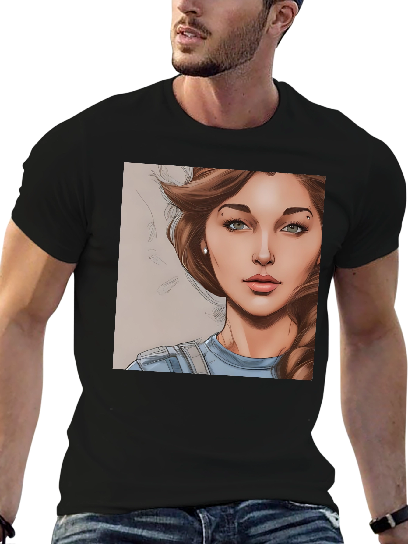 Woman Cartoon Portrait Black T-Shirt