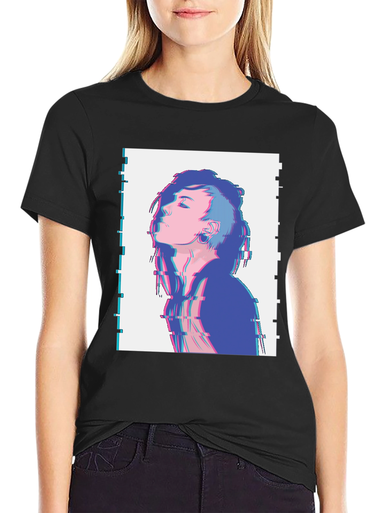 Glitch Art Anime Graphic T-Shirt - Black