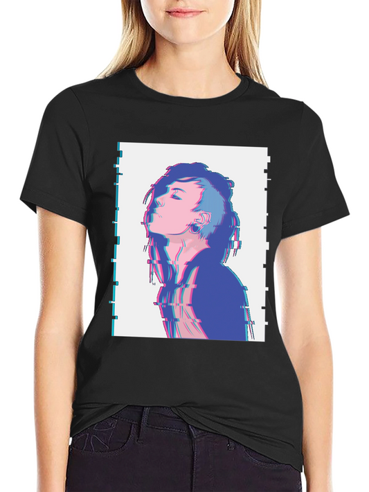 Glitch Art Anime Graphic T-Shirt - Black