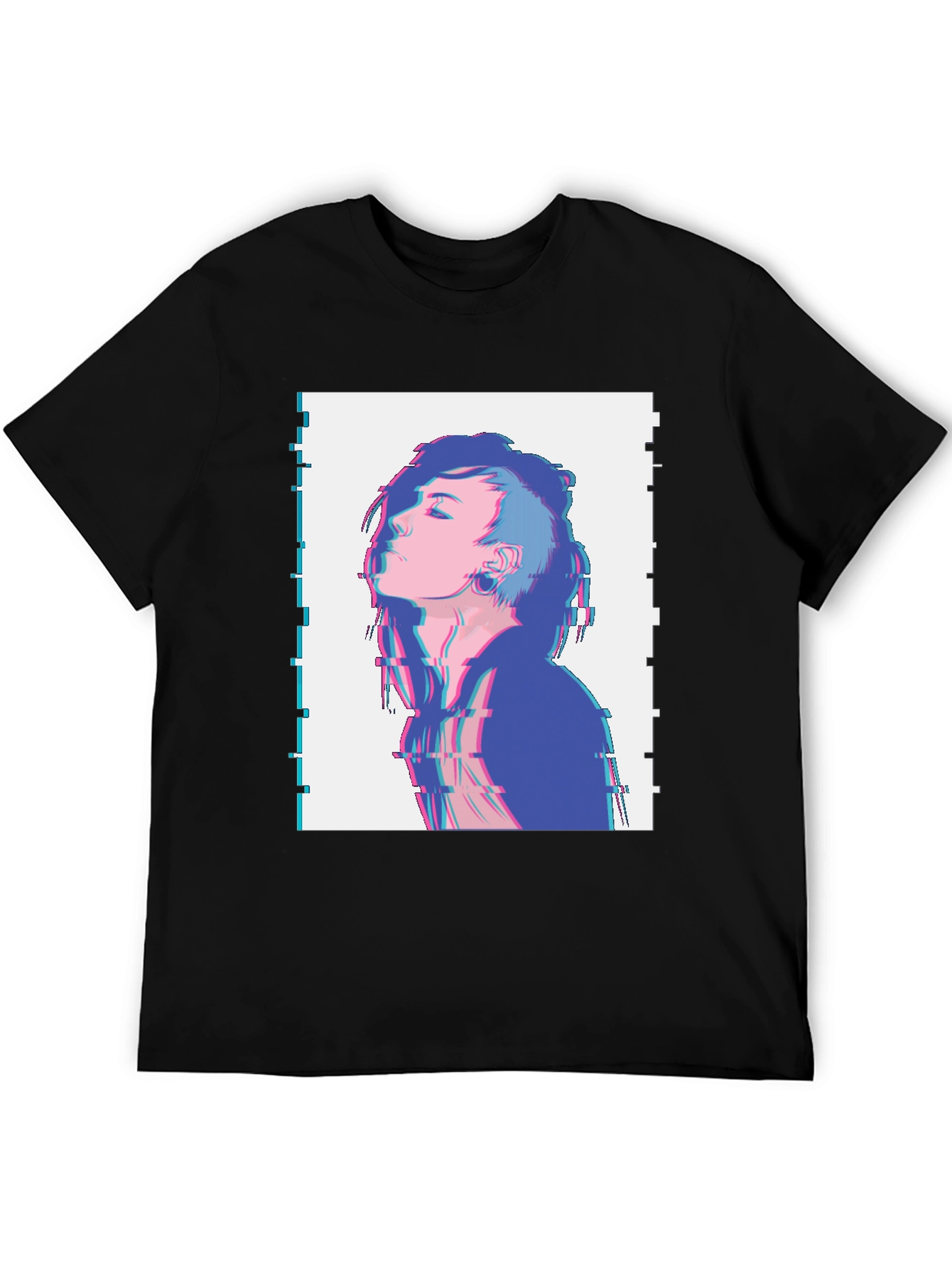 Glitch Art Anime Graphic T-Shirt - Black