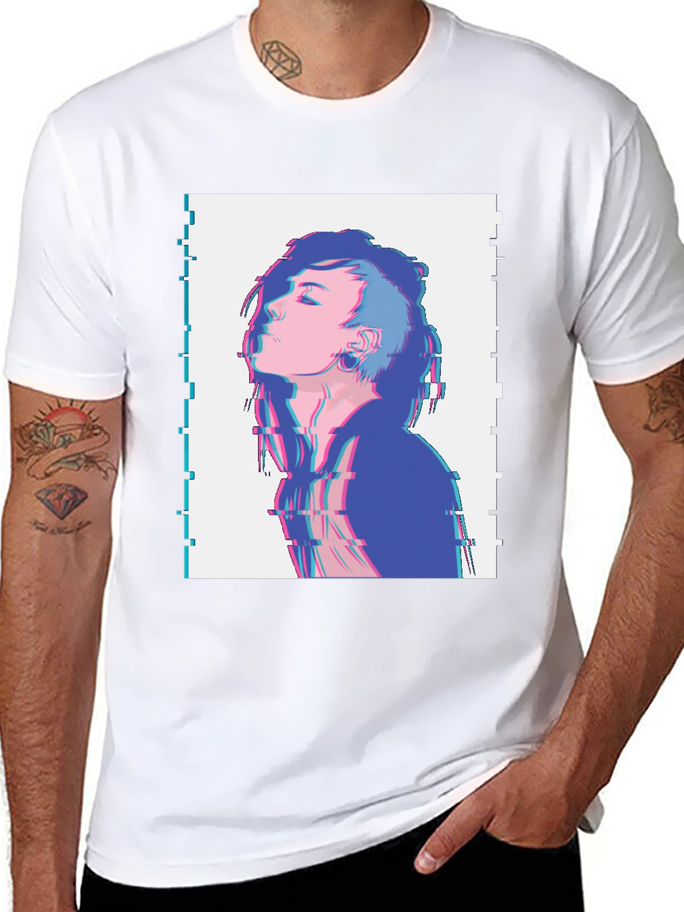 Glitch Art Anime Graphic T-Shirt - Black