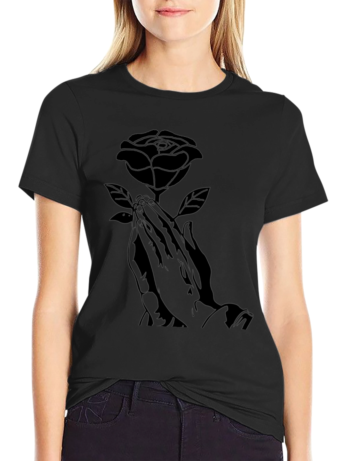 Rose Praying Hands Graphic Black T-Shirt