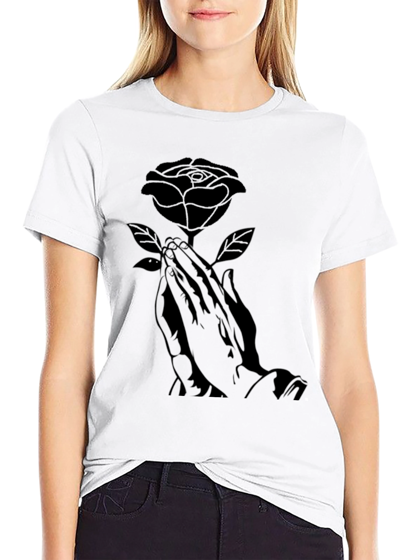 Rose Praying Hands Graphic Black T-Shirt