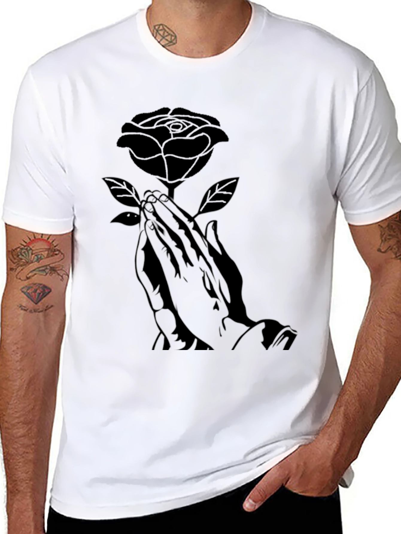 Rose Praying Hands Graphic Black T-Shirt