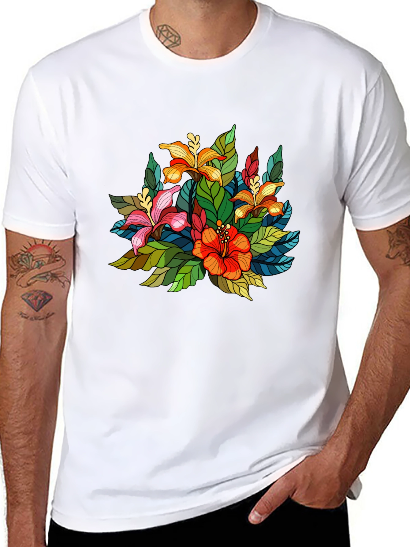 Floral Print Mens Black Tee