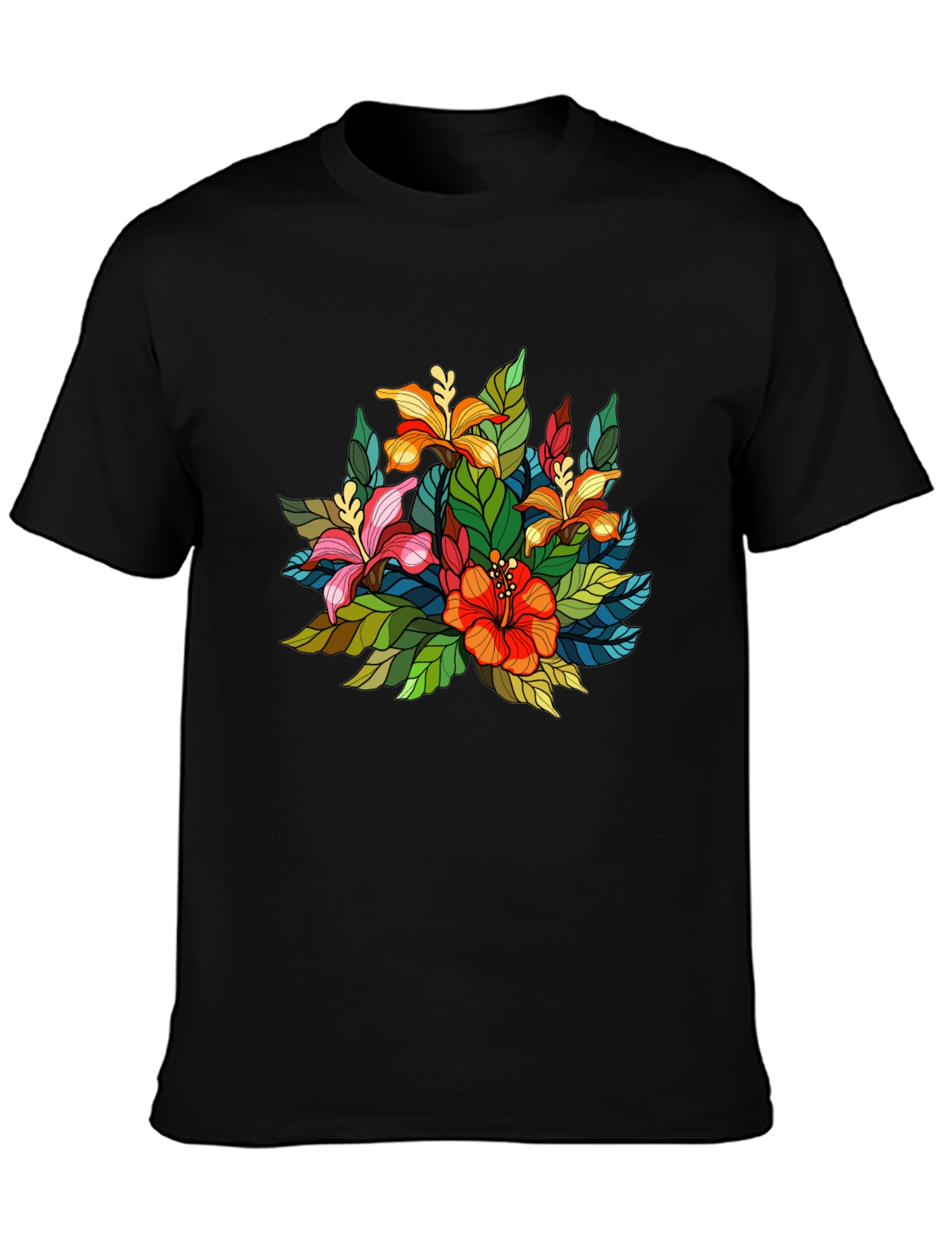 Floral Print Mens Black Tee