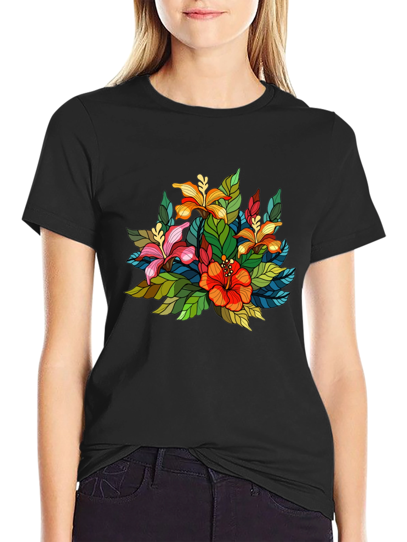 Floral Print Mens Black Tee