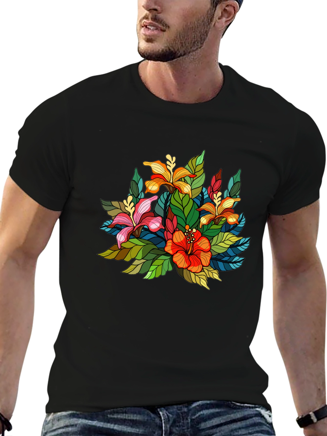 Floral Print Mens Black Tee