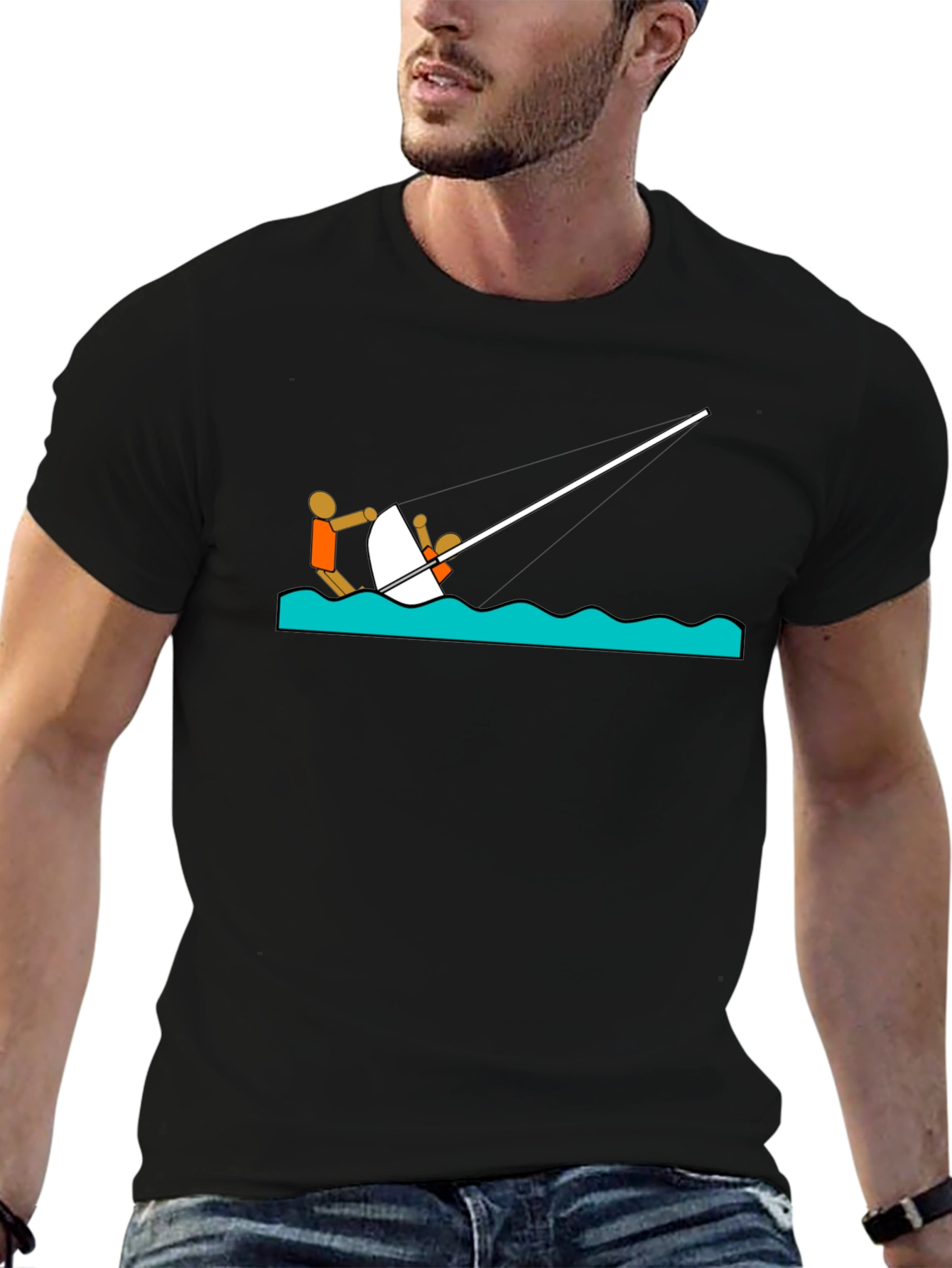 Sailing Cartoon Graphic T-Shirt - Black