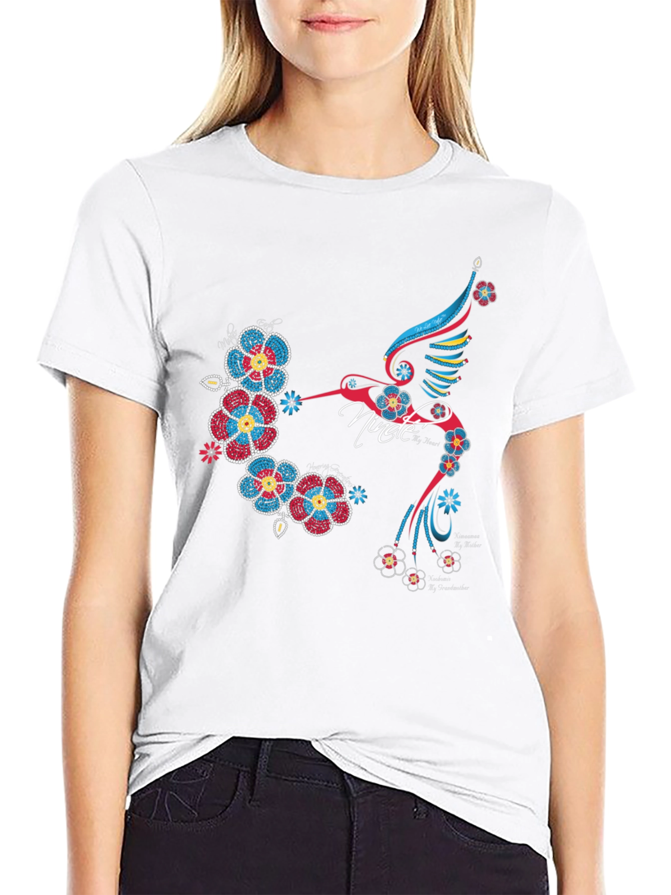 Hummingbird Floral Graphic Print Black T-Shirt