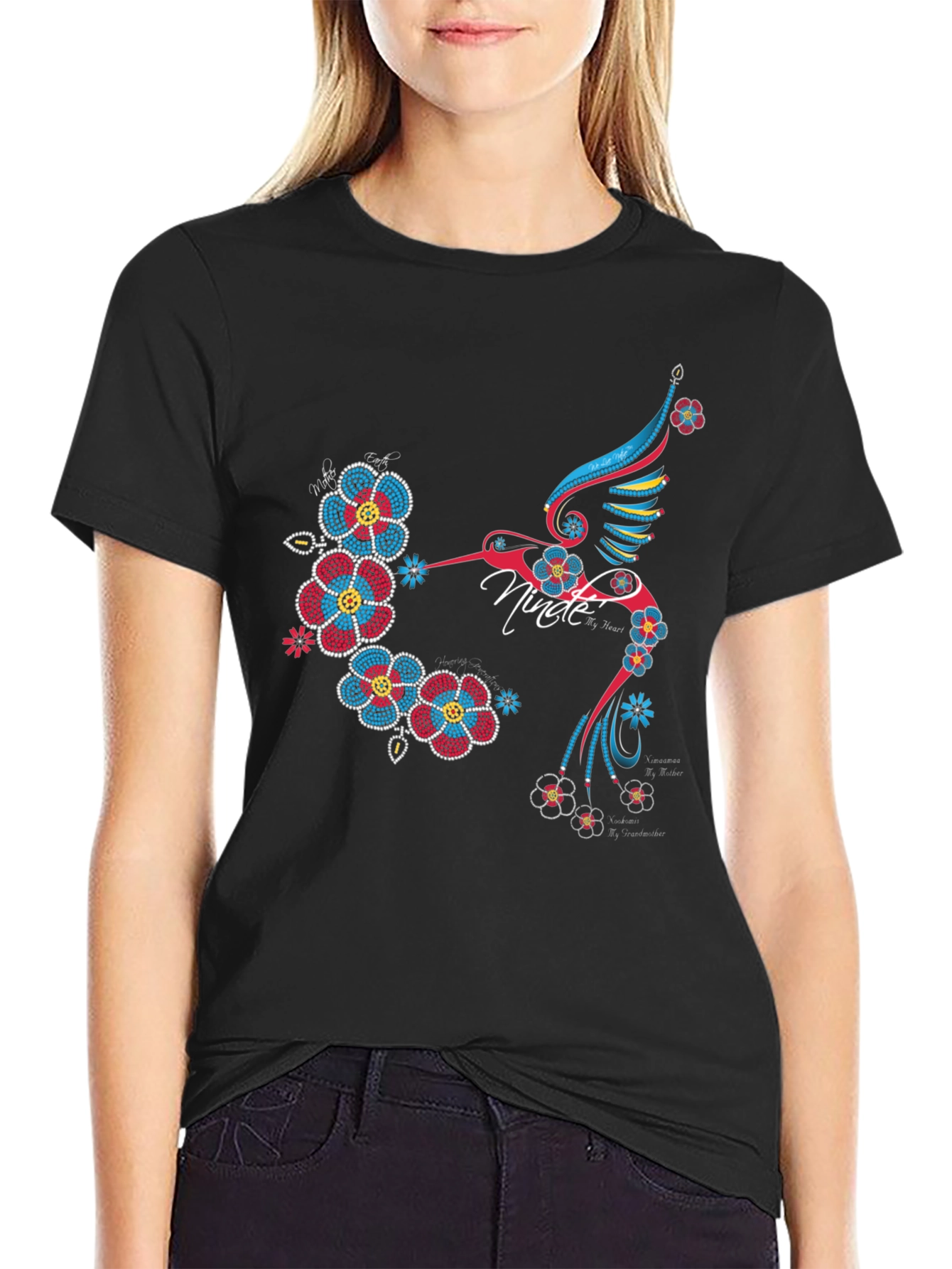 Hummingbird Floral Graphic Print Black T-Shirt