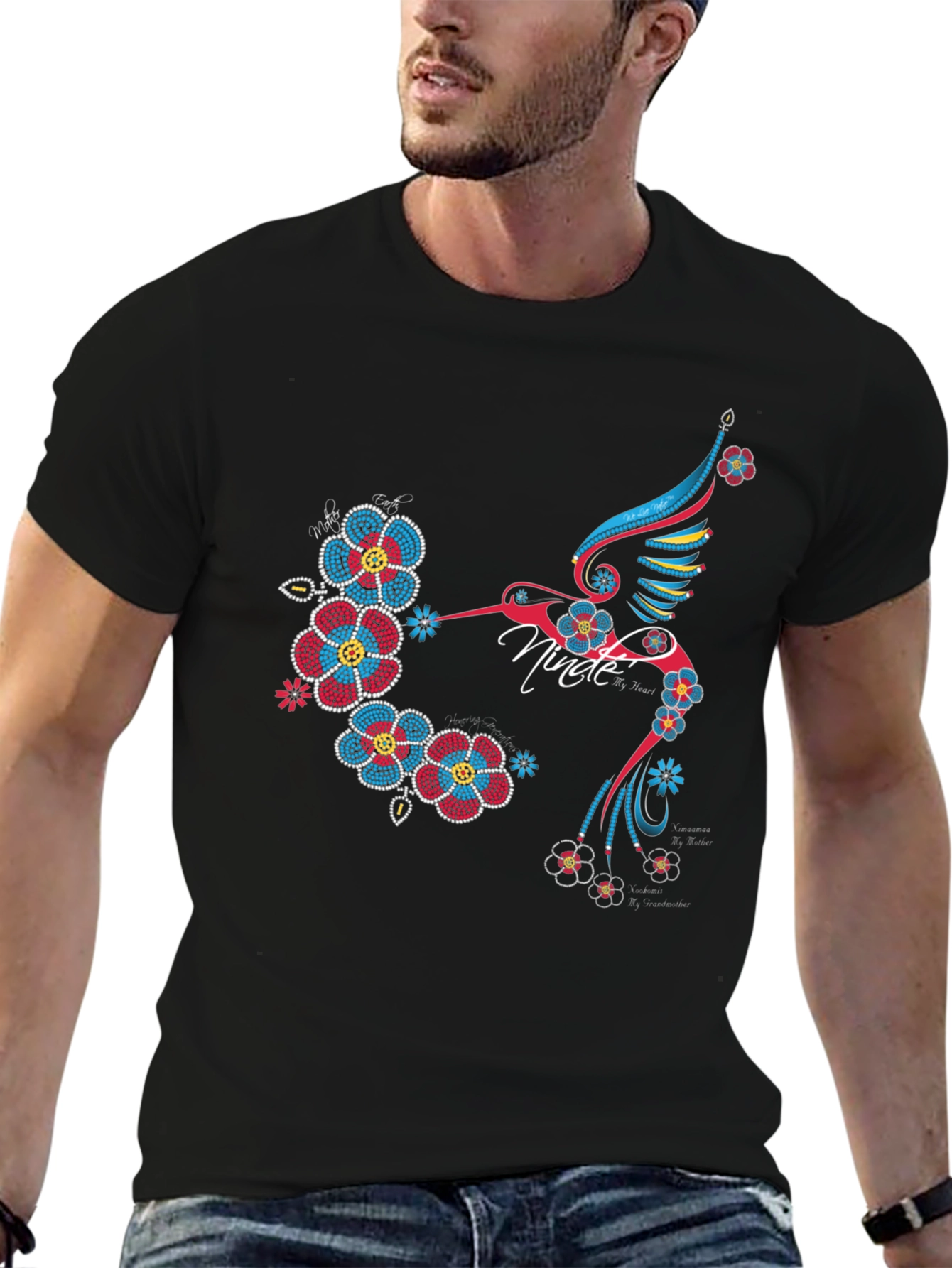 Hummingbird Floral Graphic Print Black T-Shirt
