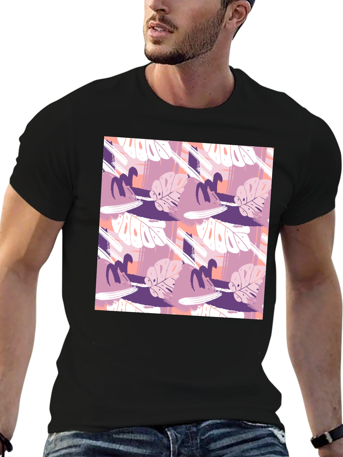 Modern Tropical Leaf Pattern Black T-Shirt