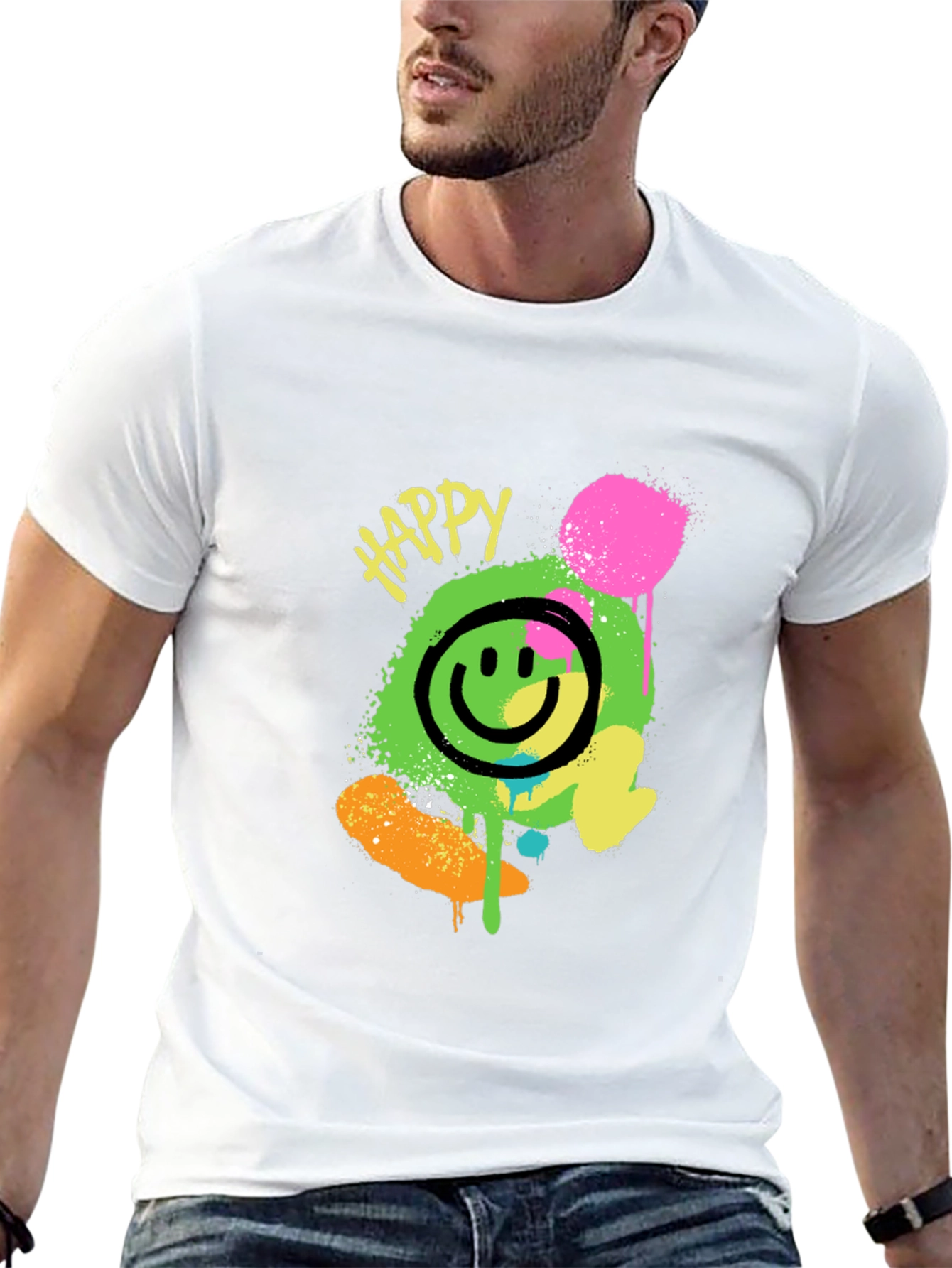 Happy Smiley Face Graphic Tee - Black