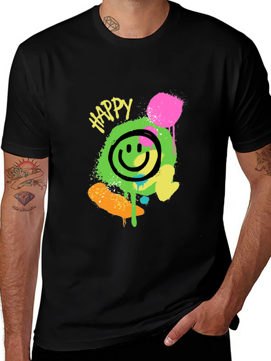 Happy Smiley Face Graphic Tee - Black