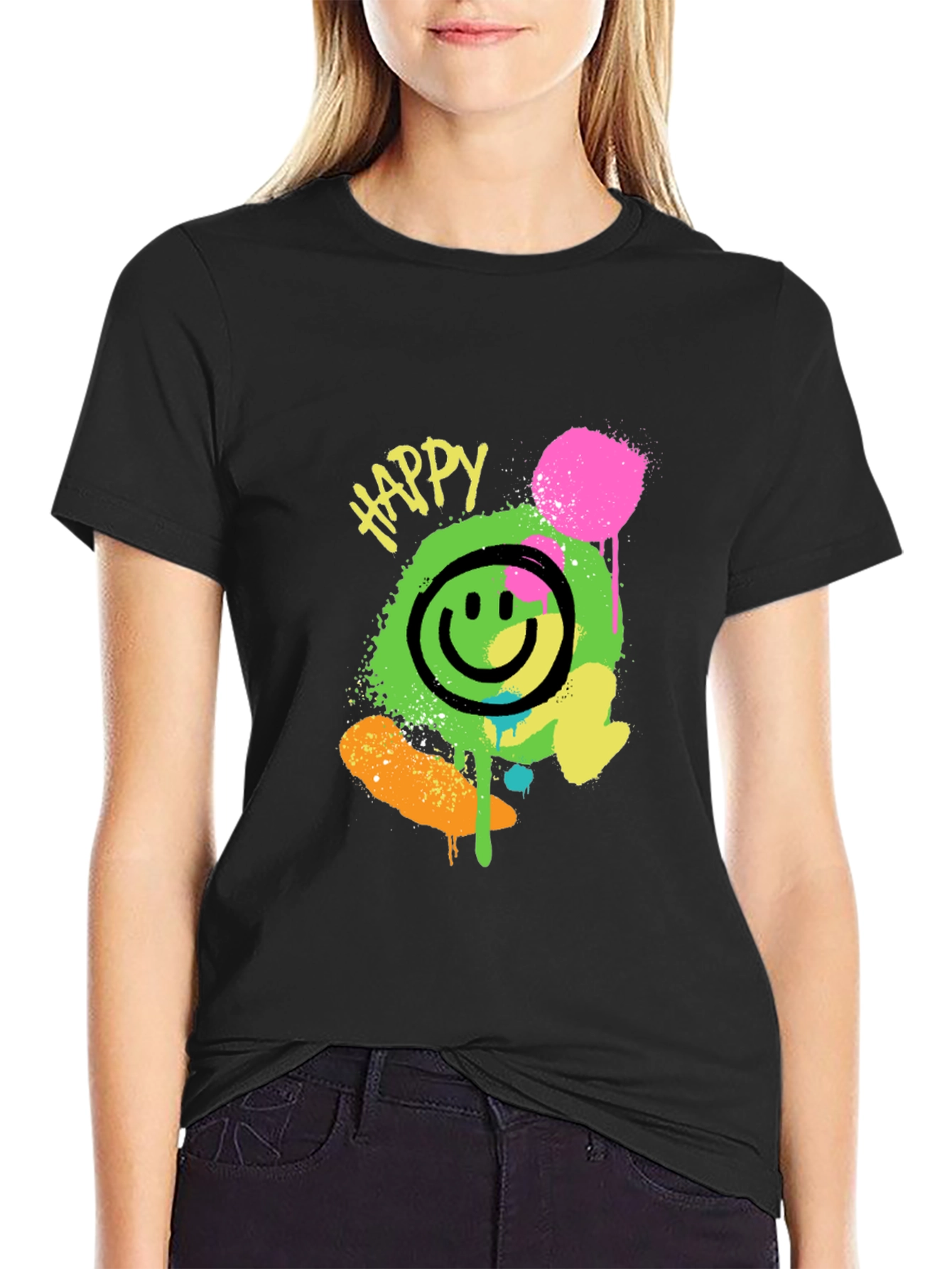 Happy Smiley Face Graphic Tee - Black