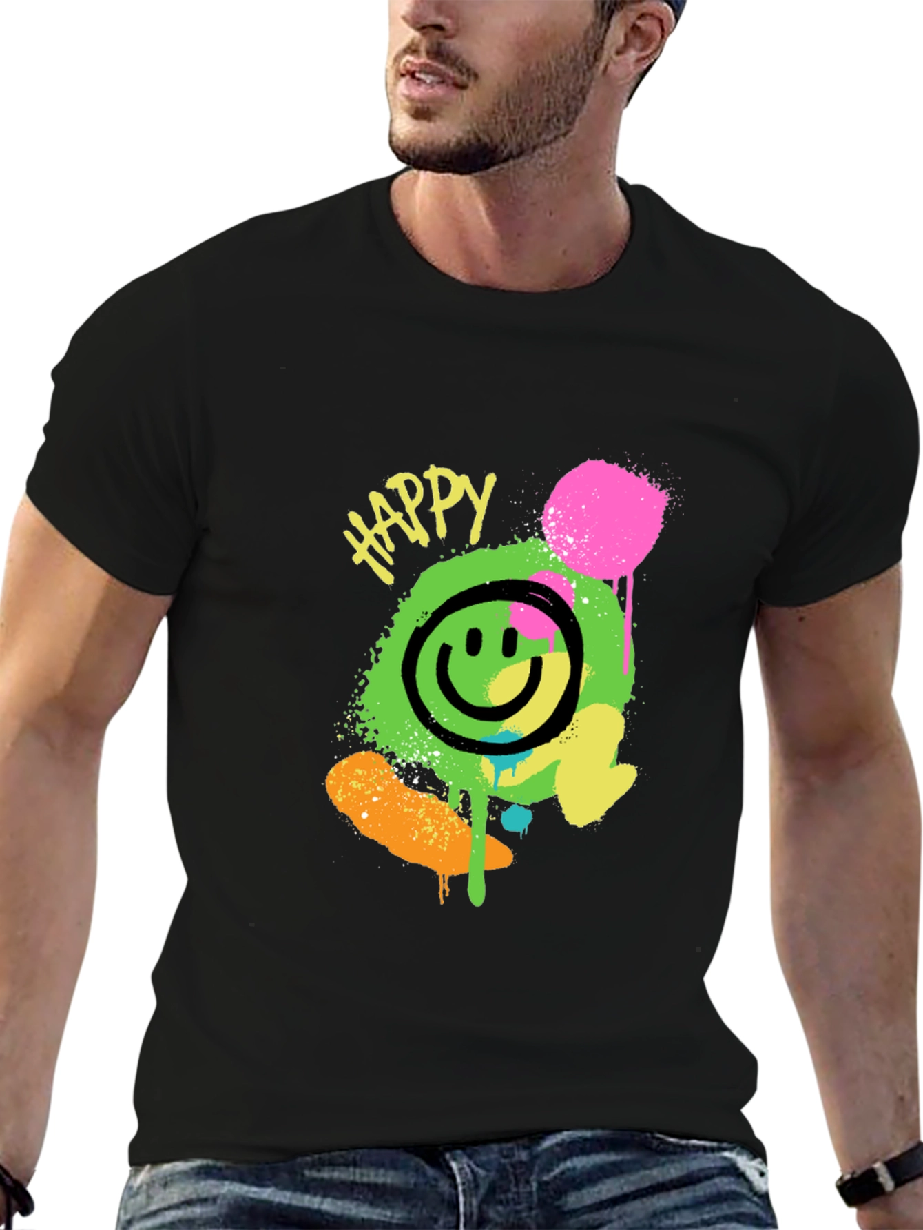 Happy Smiley Face Graphic Tee - Black