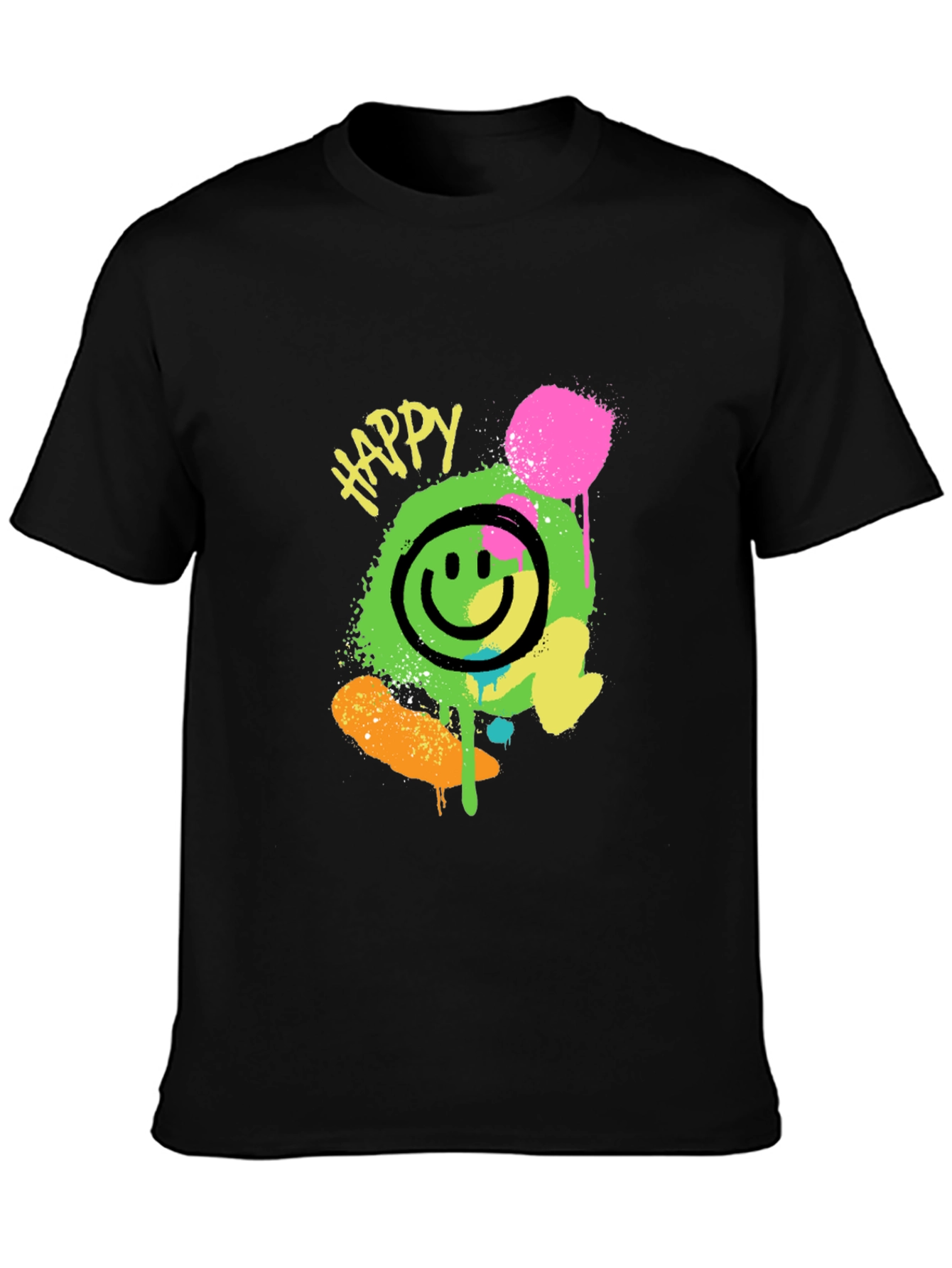 Happy Smiley Face Graphic Tee - Black