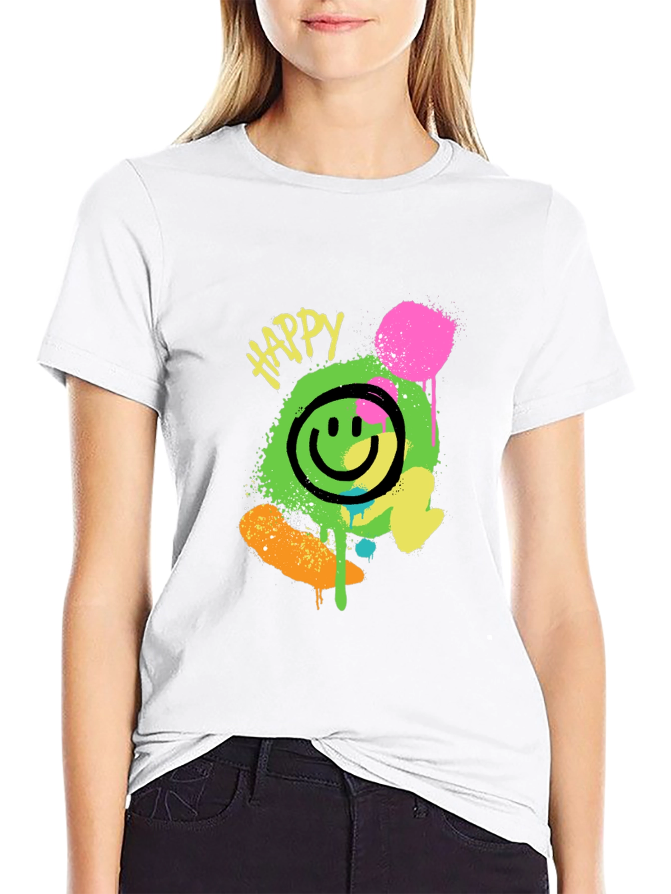 Happy Smiley Face Graphic Tee - Black
