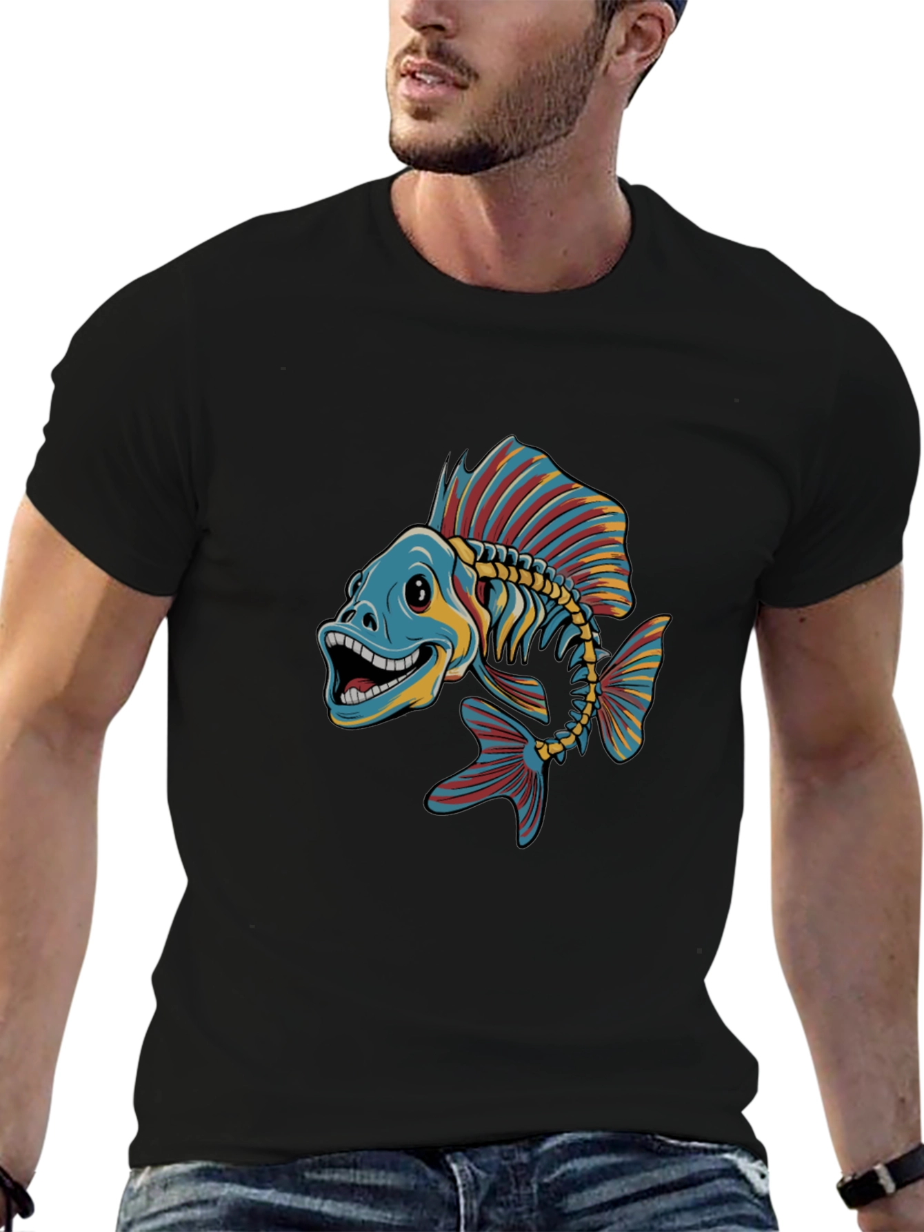 Cool Fishbone Graphic Tee - Black Cotton Shirt
