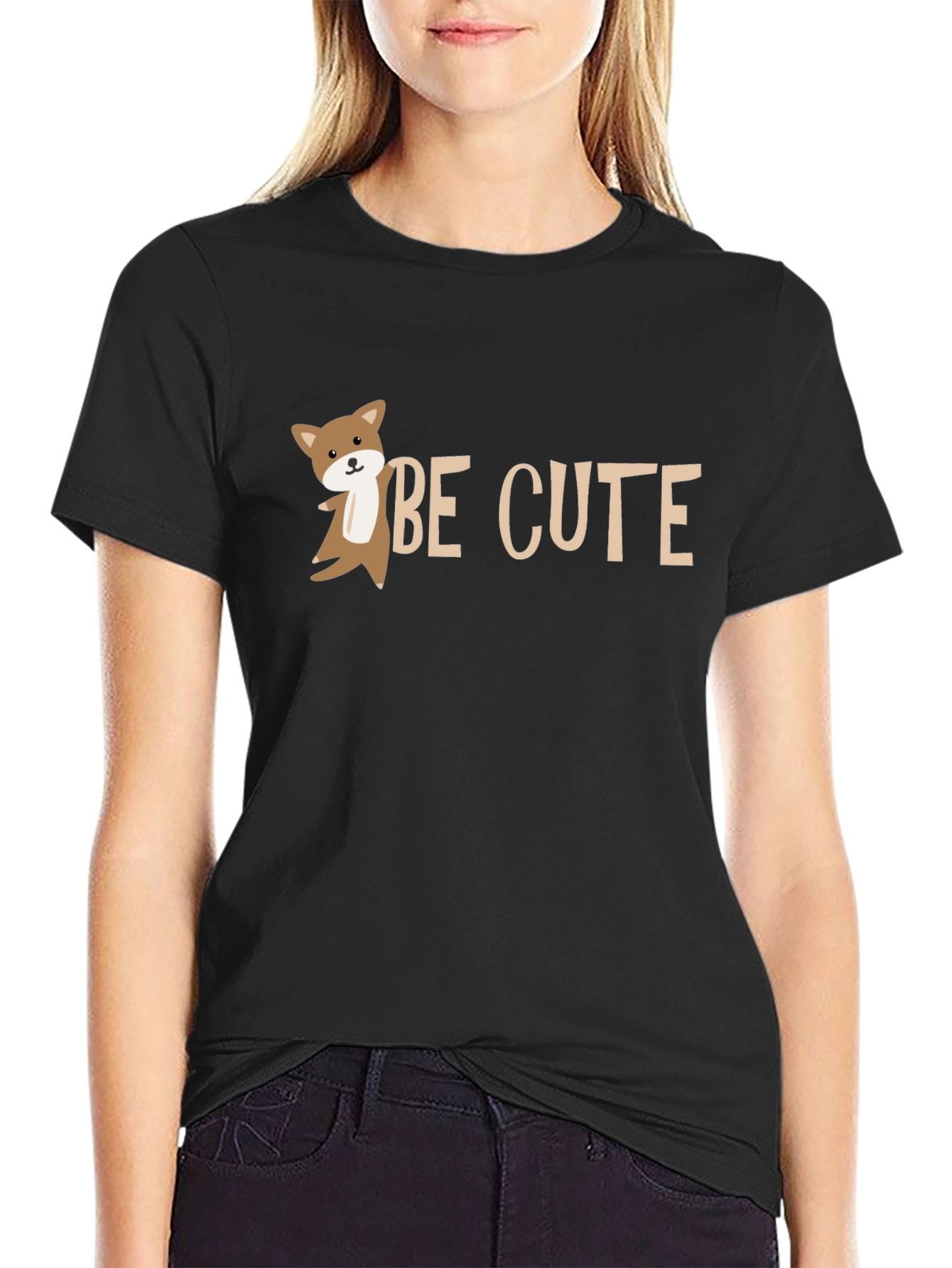 Be Cute Black T-Shirt with Cartoon Fox Design