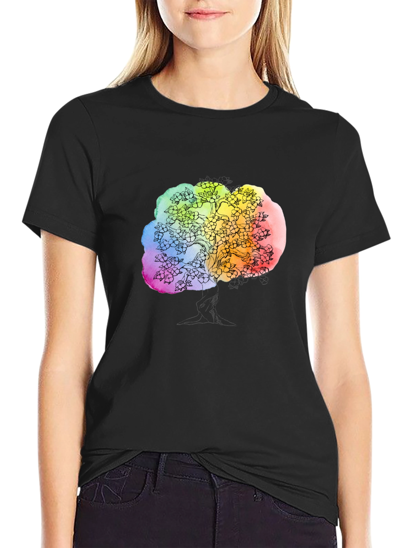 Rainbow Tree Graphic Black T-Shirt