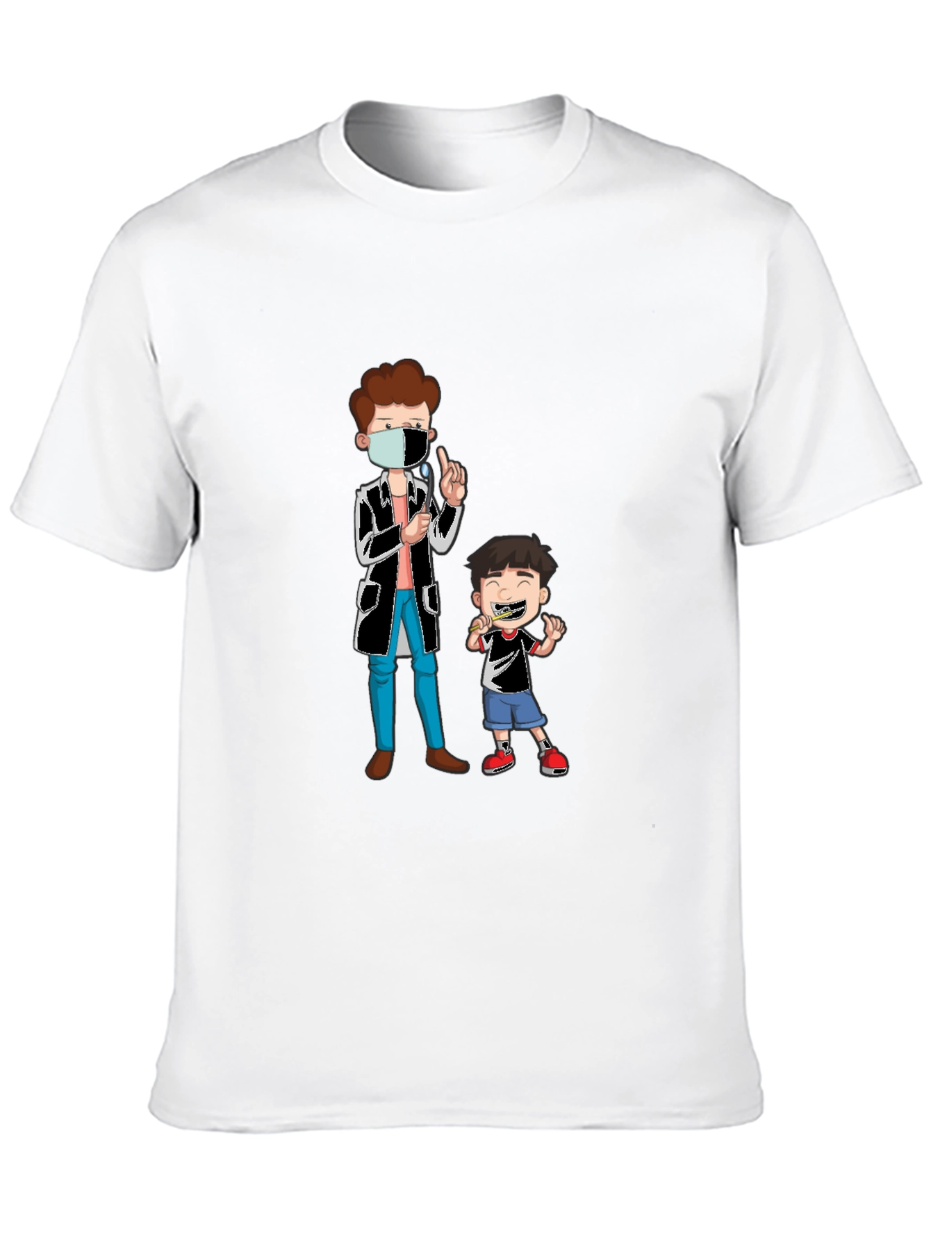 Dentist & Boy Cartoon Graphic Black T-Shirt