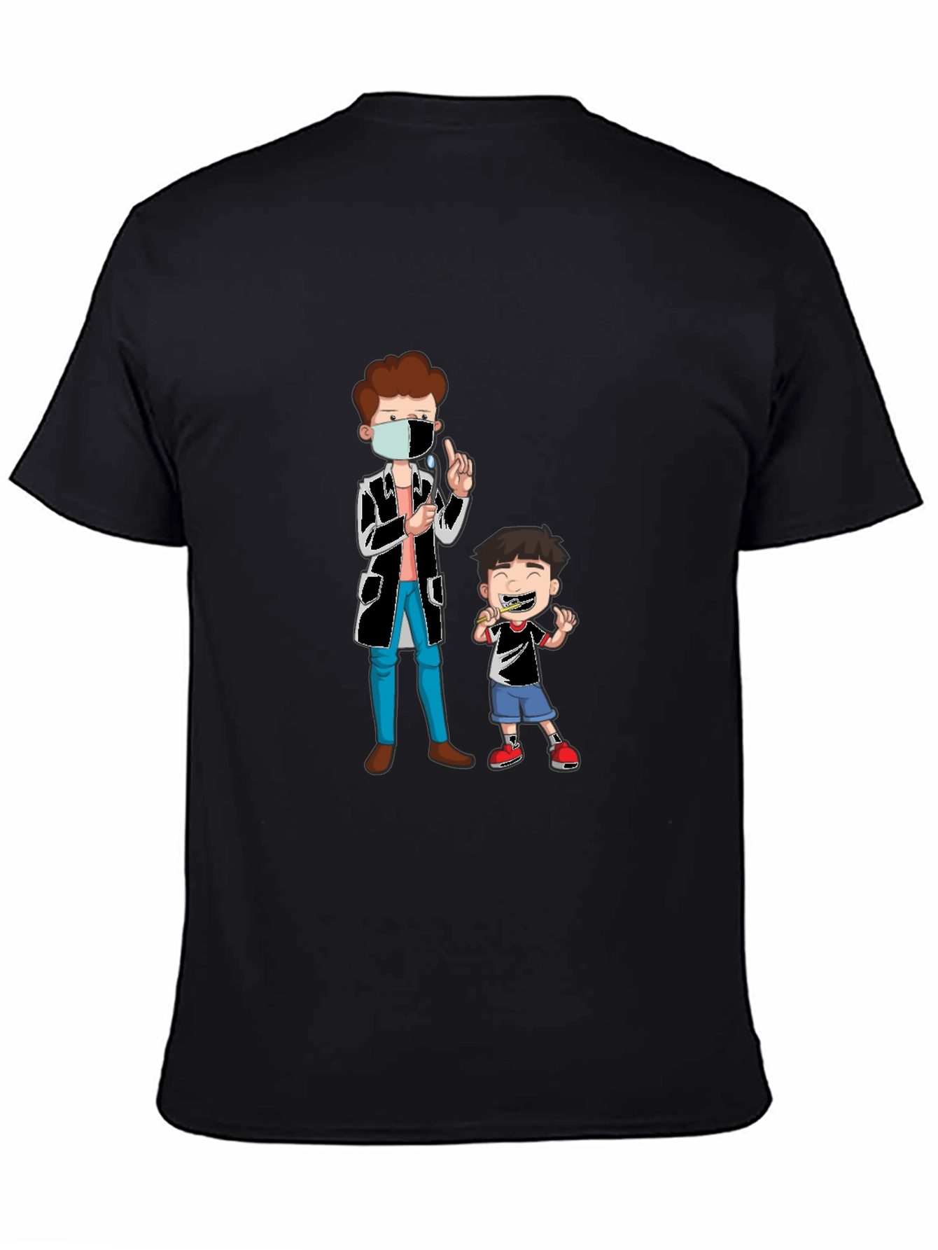Dentist & Boy Cartoon Graphic Black T-Shirt