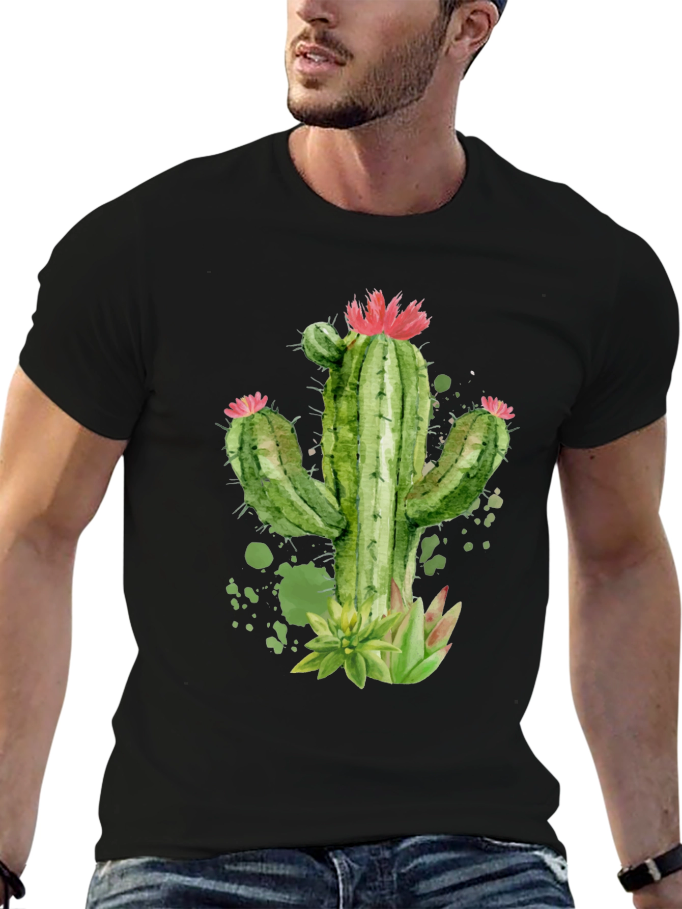 Cactus Graphic Print Black T-Shirt