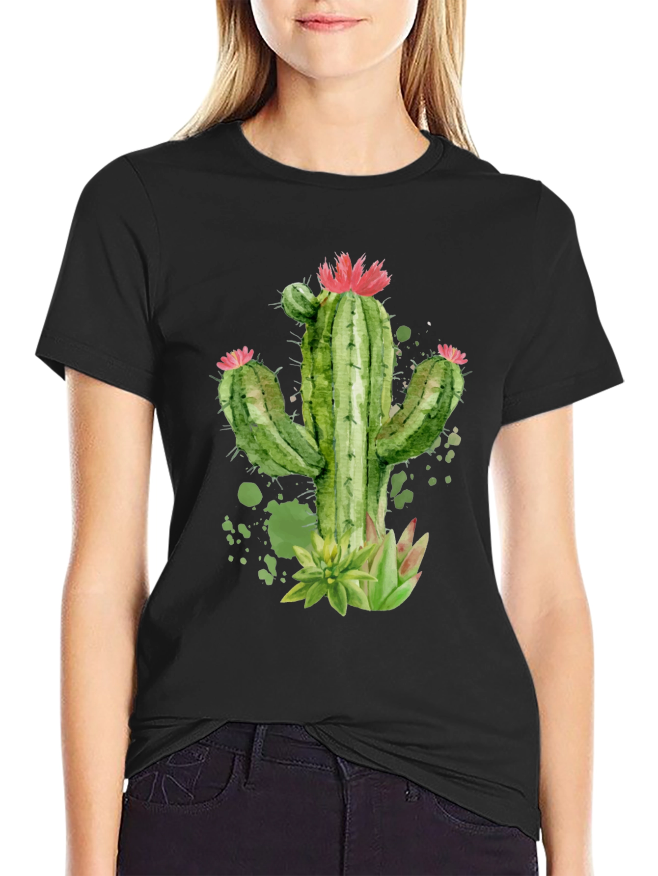 Cactus Graphic Print Black T-Shirt