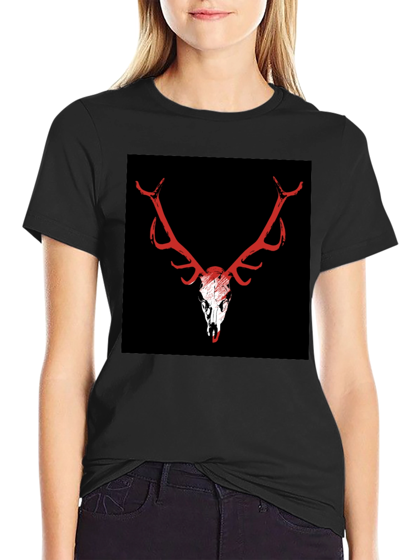 Black T-Shirt with Deer Skull Graphic