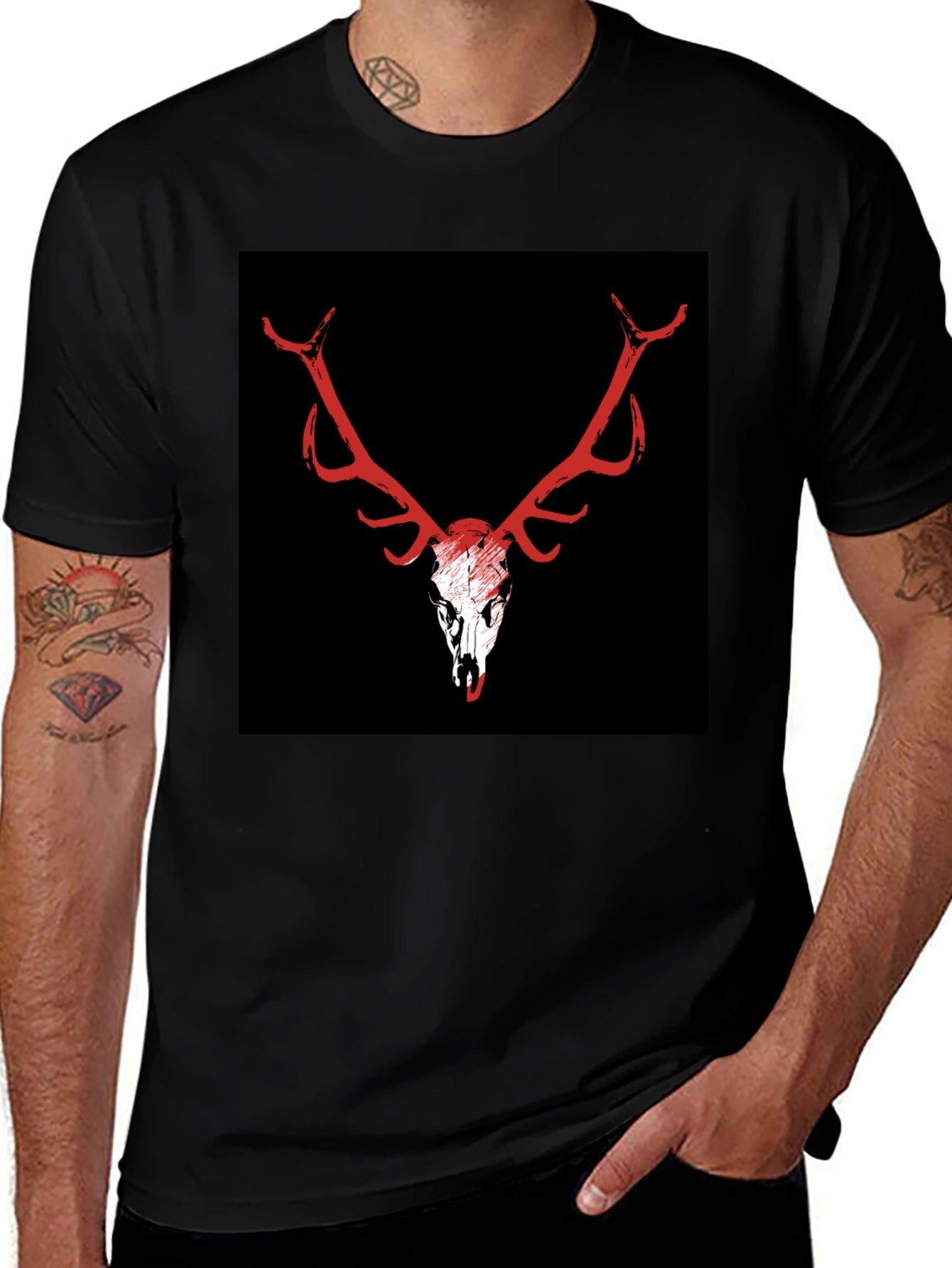 Black T-Shirt with Deer Skull Graphic