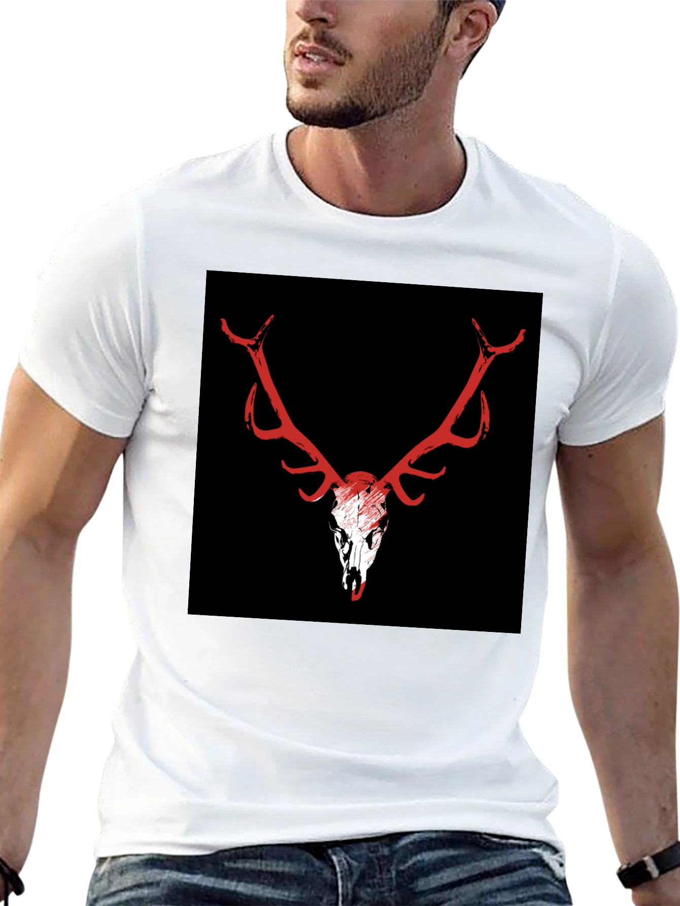 Black T-Shirt with Deer Skull Graphic