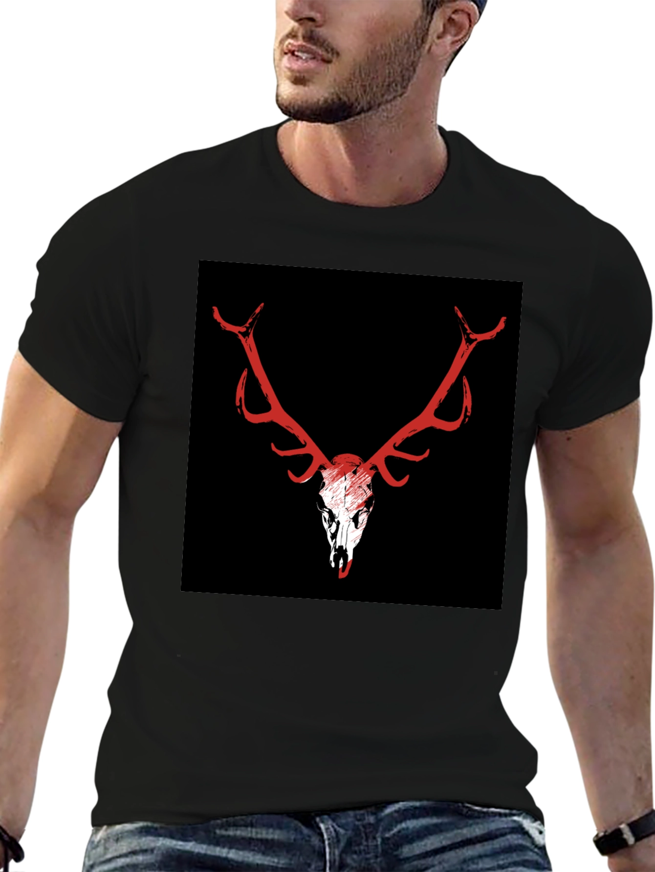 Black T-Shirt with Deer Skull Graphic