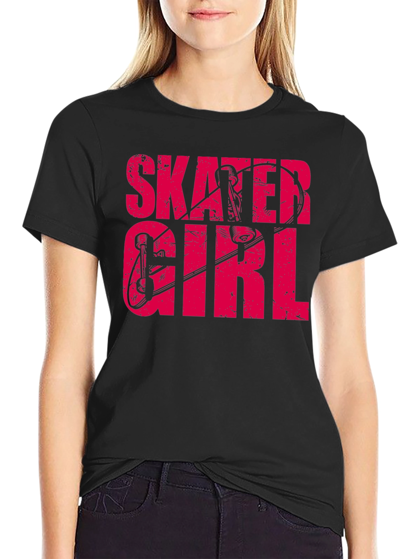 Skater Girl Graphic Tee - Black Cotton T-Shirt