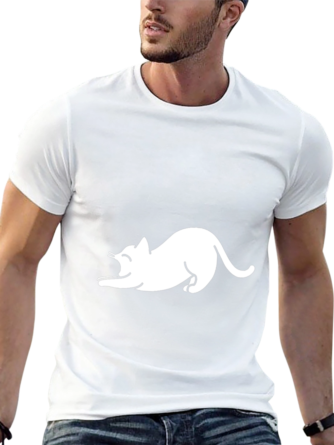 Black T-Shirt with White Cat Graphic