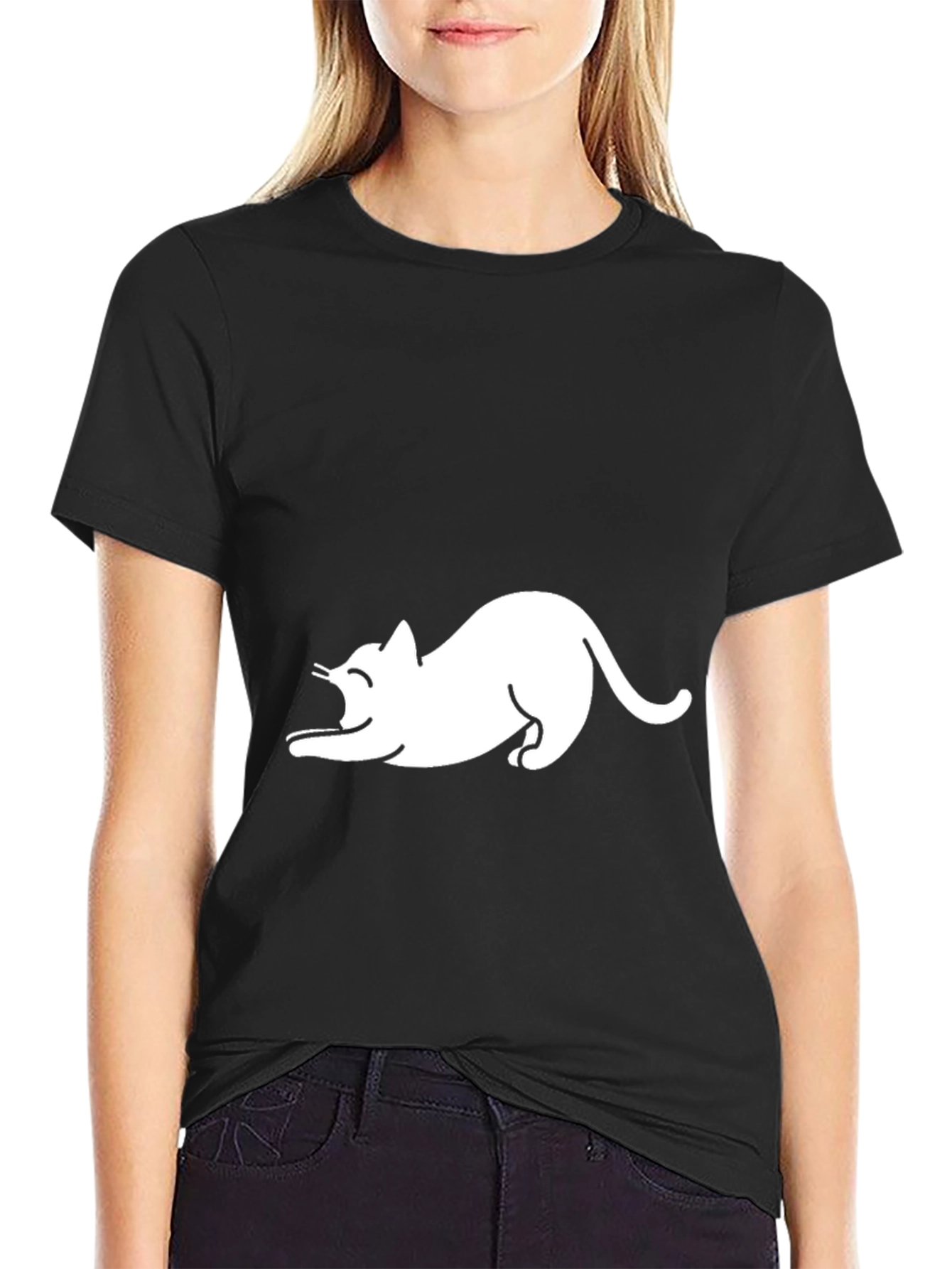 Black T-Shirt with White Cat Graphic